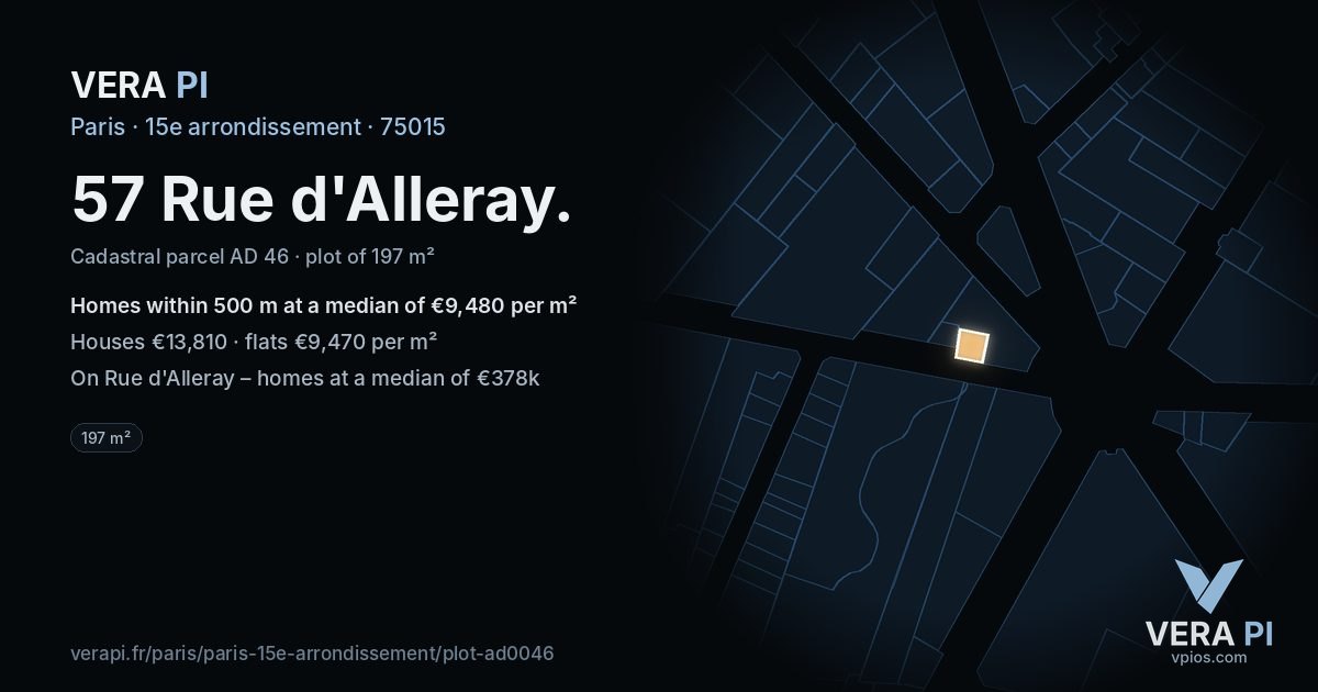 57 Rue d'Alleray, 15e arrondissement at night – the plot lit, the parcels around coloured by the prices near them