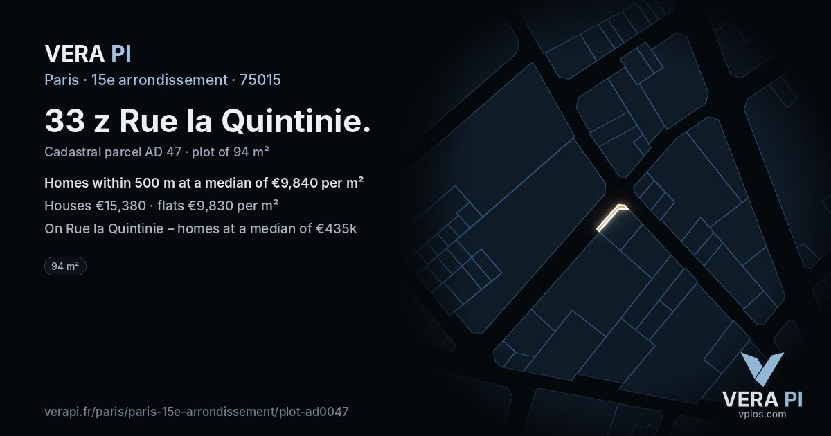 33 z Rue la Quintinie, 15e arrondissement at night – the plot lit, the parcels around coloured by the prices near them