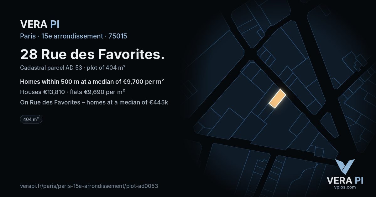 28 Rue des Favorites, 15e arrondissement at night – the plot lit, the parcels around coloured by the prices near them