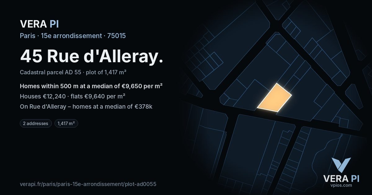 45 Rue d'Alleray, 15e arrondissement at night – the plot lit, the parcels around coloured by the prices near them