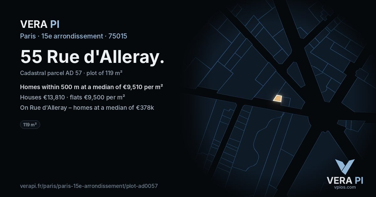 55 Rue d'Alleray, 15e arrondissement at night – the plot lit, the parcels around coloured by the prices near them