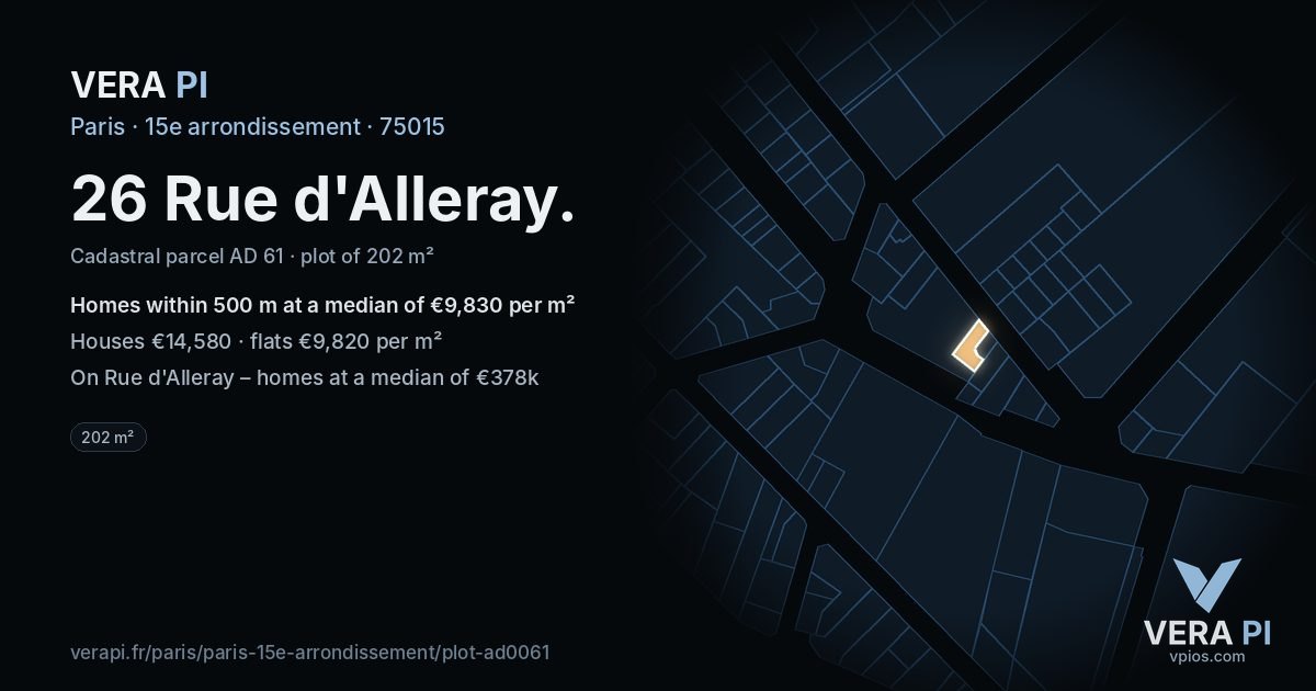 26 Rue d'Alleray, 15e arrondissement at night – the plot lit, the parcels around coloured by the prices near them
