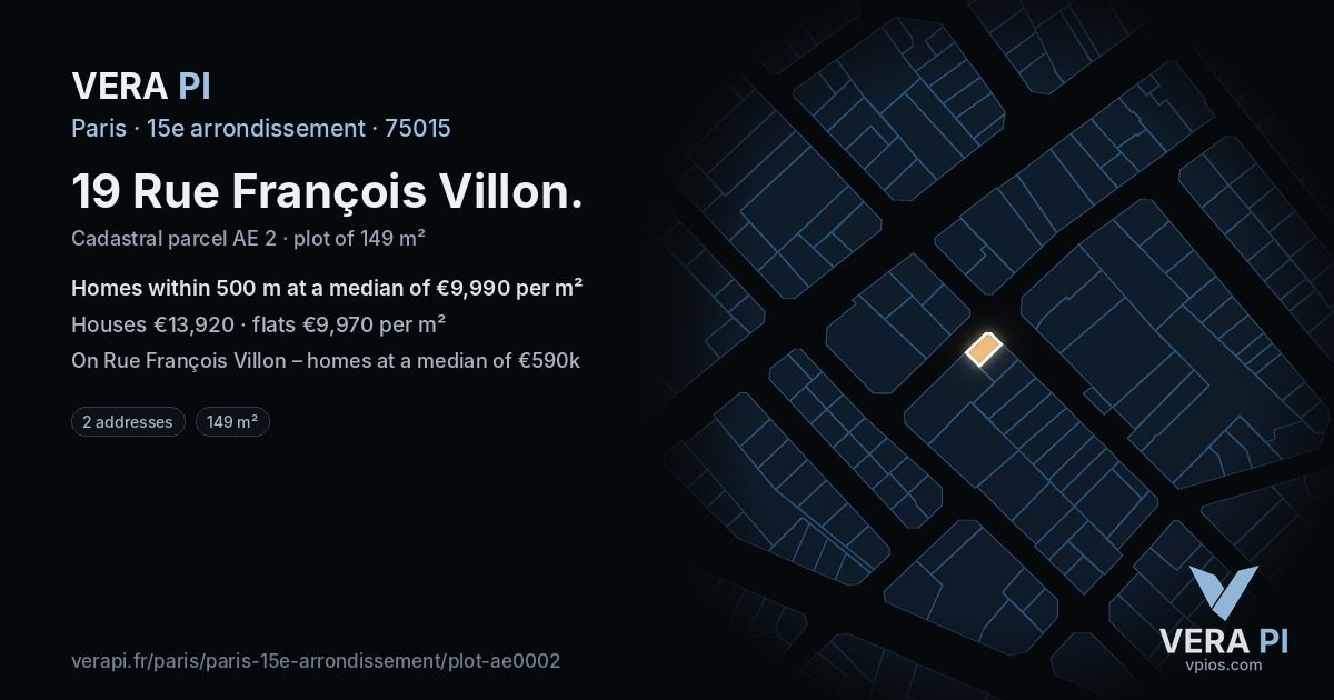 19 Rue François Villon, 15e arrondissement at night – the plot lit, the parcels around coloured by the prices near them