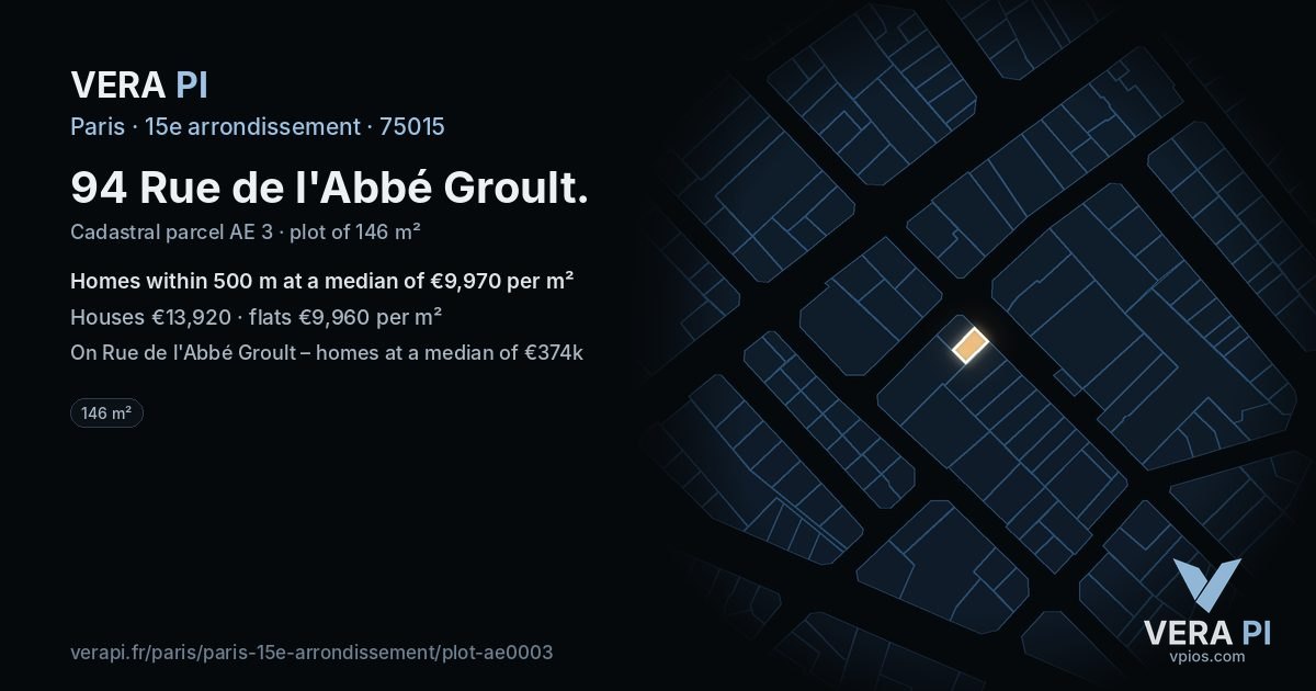 94 Rue de l'Abbé Groult, 15e arrondissement at night – the plot lit, the parcels around coloured by the prices near them