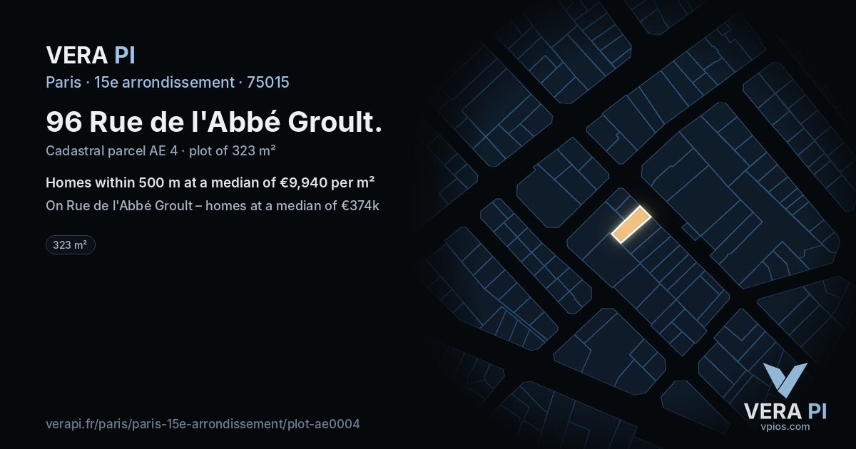 96 Rue de l'Abbé Groult, 15e arrondissement at night – the plot lit, the parcels around coloured by the prices near them