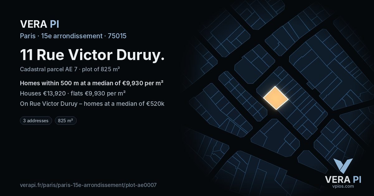 11 Rue Victor Duruy, 15e arrondissement at night – the plot lit, the parcels around coloured by the prices near them