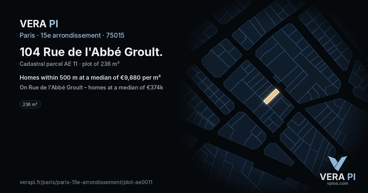 104 Rue de l'Abbé Groult, 15e arrondissement at night – the plot lit, the parcels around coloured by the prices near them
