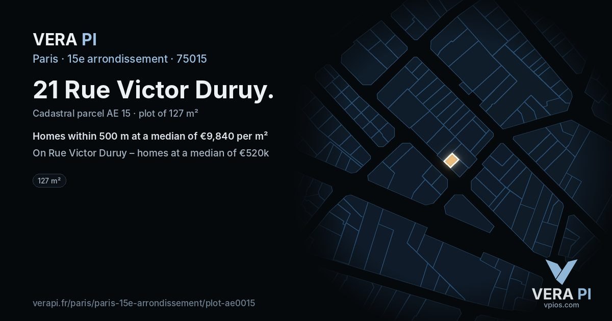 21 Rue Victor Duruy, 15e arrondissement at night – the plot lit, the parcels around coloured by the prices near them