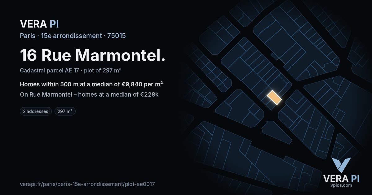 16 Rue Marmontel, 15e arrondissement at night – the plot lit, the parcels around coloured by the prices near them