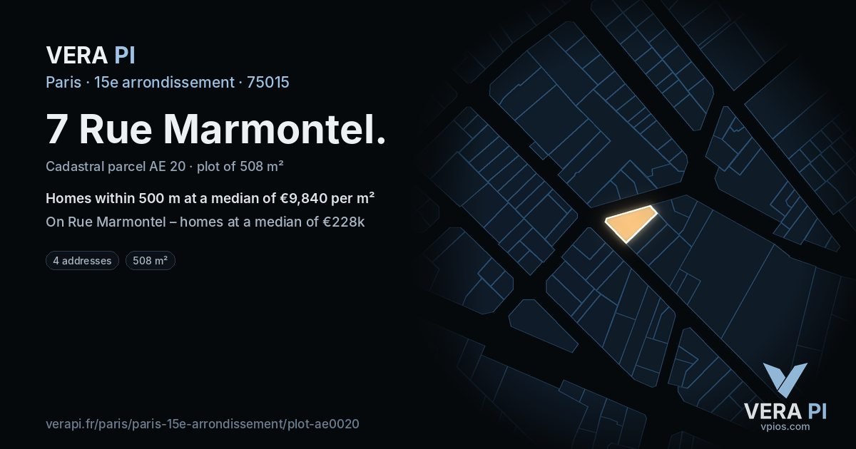 7 Rue Marmontel, 15e arrondissement at night – the plot lit, the parcels around coloured by the prices near them