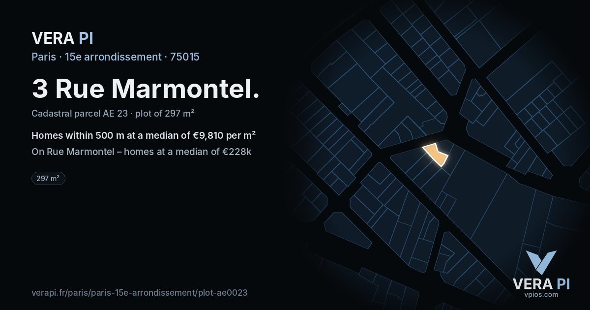 3 Rue Marmontel, 15e arrondissement at night – the plot lit, the parcels around coloured by the prices near them