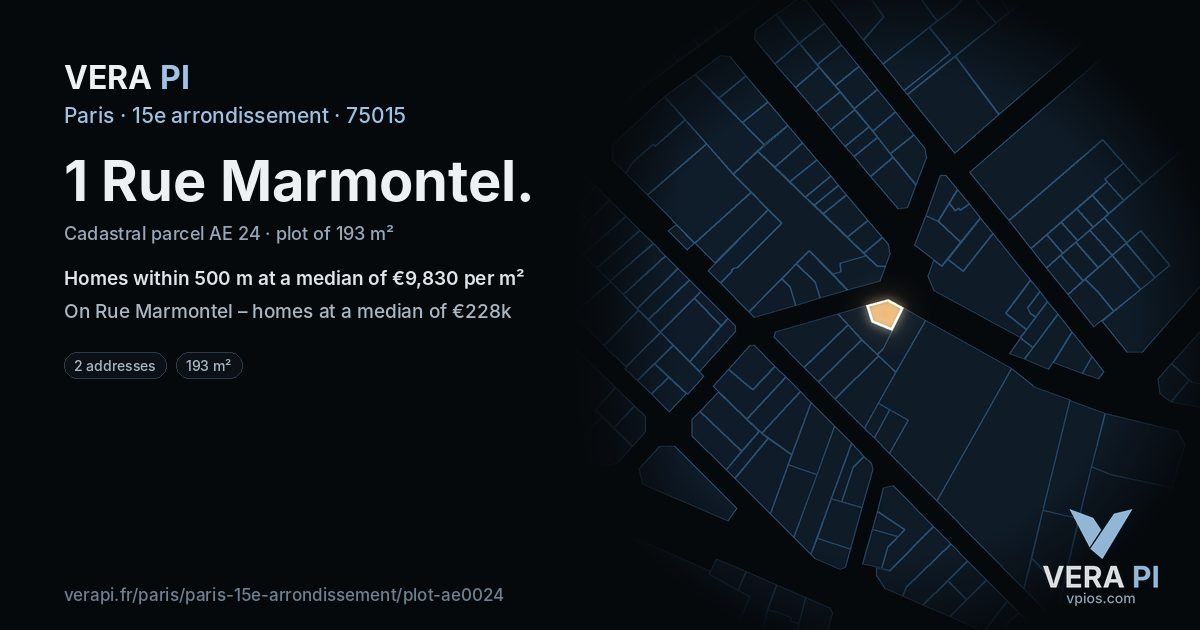 1 Rue Marmontel, 15e arrondissement at night – the plot lit, the parcels around coloured by the prices near them
