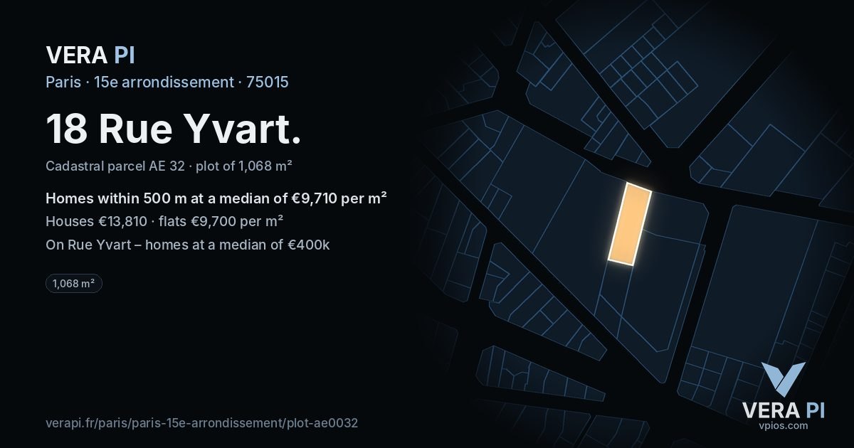 18 Rue Yvart, 15e arrondissement at night – the plot lit, the parcels around coloured by the prices near them