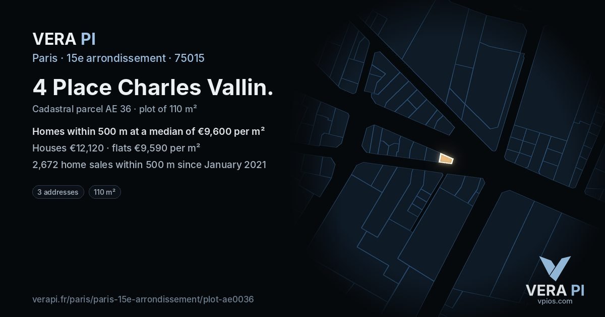 4 Place Charles Vallin, 15e arrondissement at night – the plot lit, the parcels around coloured by the prices near them
