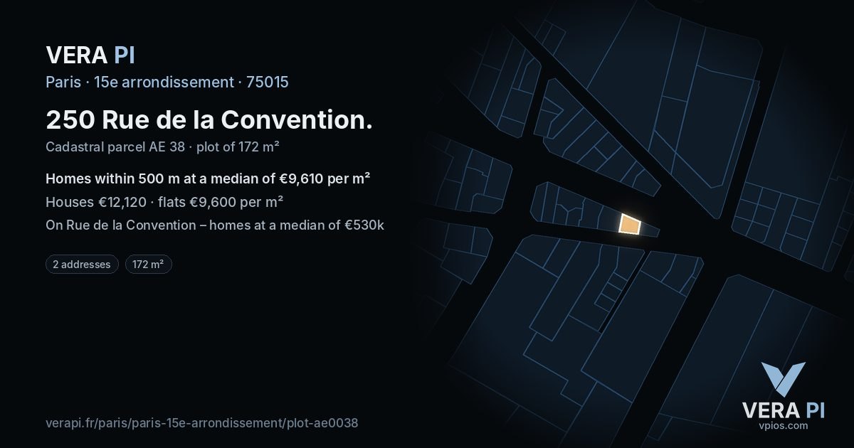 250 Rue de la Convention, 15e arrondissement at night – the plot lit, the parcels around coloured by the prices near them