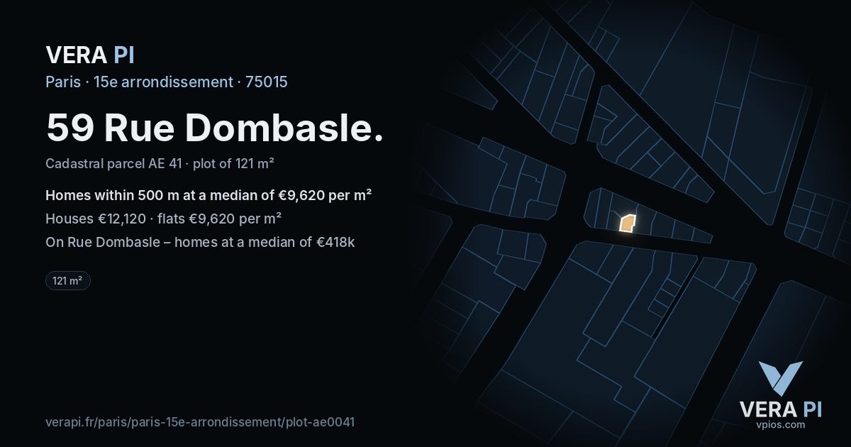 59 Rue Dombasle, 15e arrondissement at night – the plot lit, the parcels around coloured by the prices near them