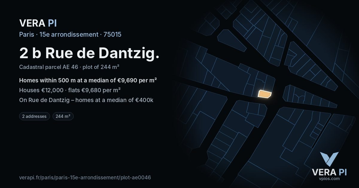 2 b Rue de Dantzig, 15e arrondissement at night – the plot lit, the parcels around coloured by the prices near them