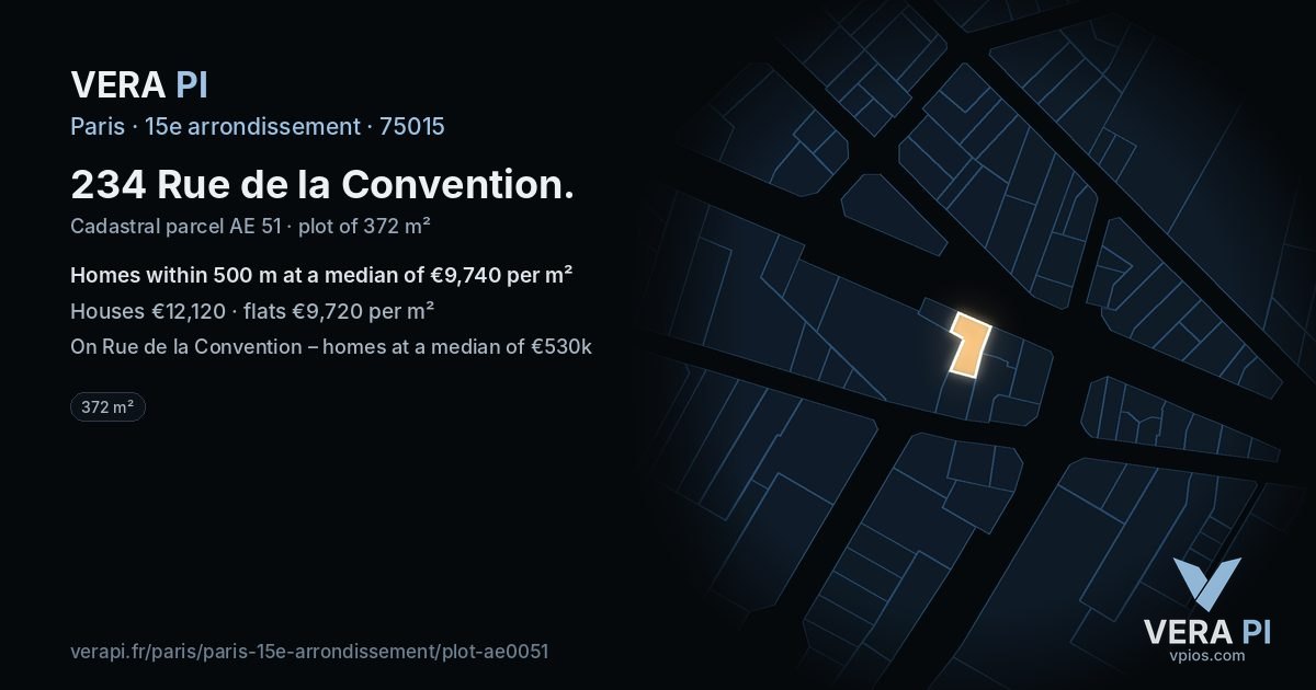 234 Rue de la Convention, 15e arrondissement at night – the plot lit, the parcels around coloured by the prices near them