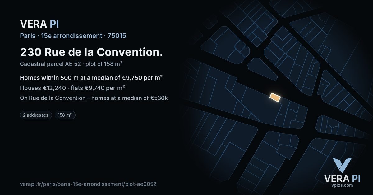 230 Rue de la Convention, 15e arrondissement at night – the plot lit, the parcels around coloured by the prices near them