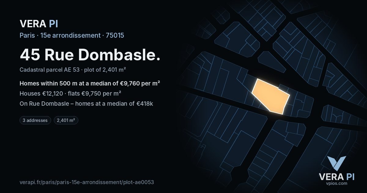 45 Rue Dombasle, 15e arrondissement at night – the plot lit, the parcels around coloured by the prices near them