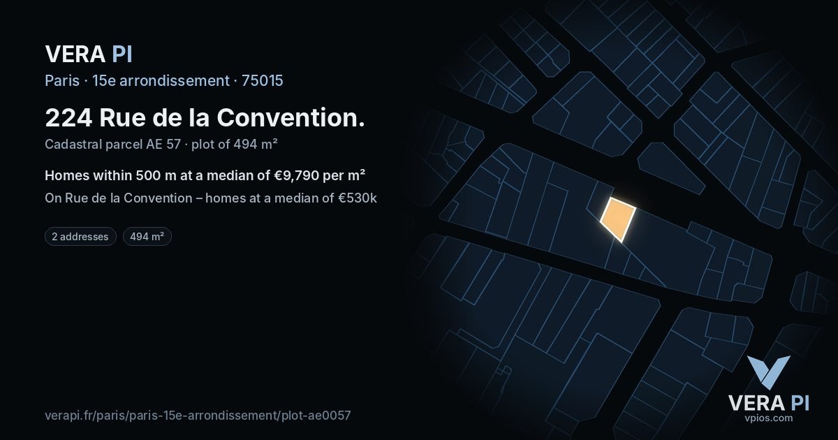 224 Rue de la Convention, 15e arrondissement at night – the plot lit, the parcels around coloured by the prices near them