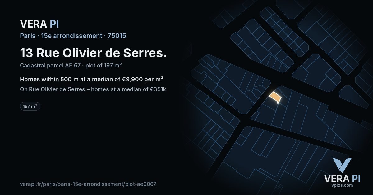 13 Rue Olivier de Serres, 15e arrondissement at night – the plot lit, the parcels around coloured by the prices near them