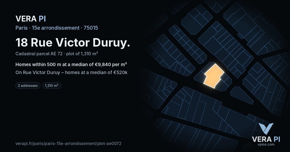 18 Rue Victor Duruy, 15e arrondissement at night – the plot lit, the parcels around coloured by the prices near them