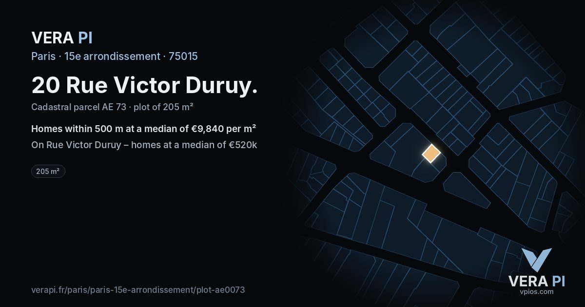 20 Rue Victor Duruy, 15e arrondissement at night – the plot lit, the parcels around coloured by the prices near them