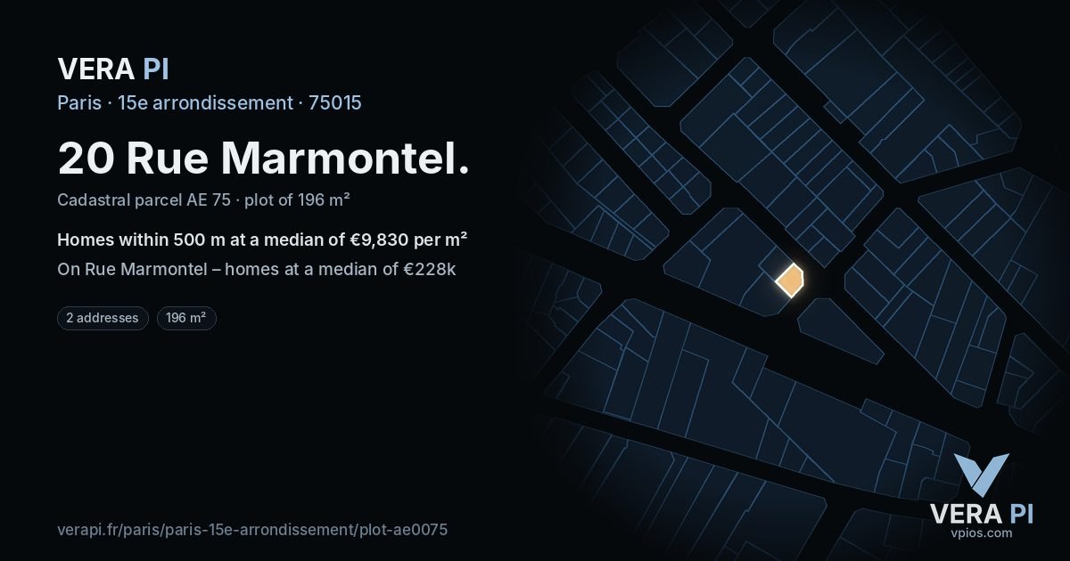 20 Rue Marmontel, 15e arrondissement at night – the plot lit, the parcels around coloured by the prices near them