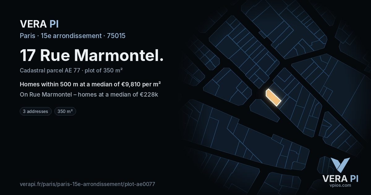 17 Rue Marmontel, 15e arrondissement at night – the plot lit, the parcels around coloured by the prices near them