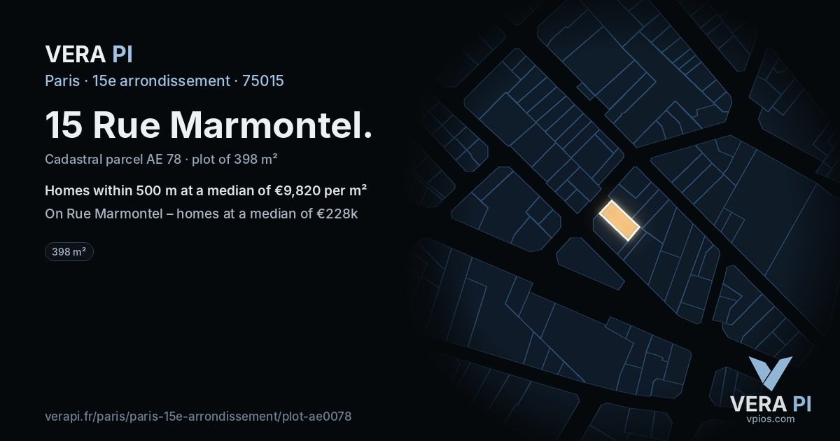 15 Rue Marmontel, 15e arrondissement at night – the plot lit, the parcels around coloured by the prices near them