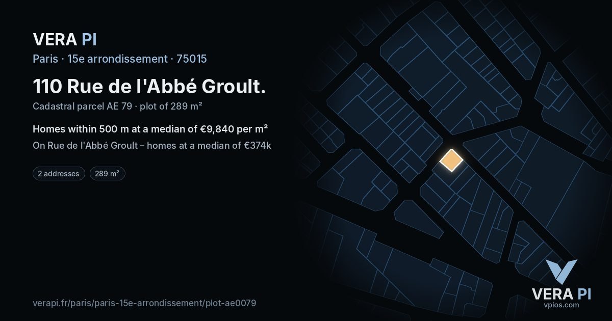 110 Rue de l'Abbé Groult, 15e arrondissement at night – the plot lit, the parcels around coloured by the prices near them