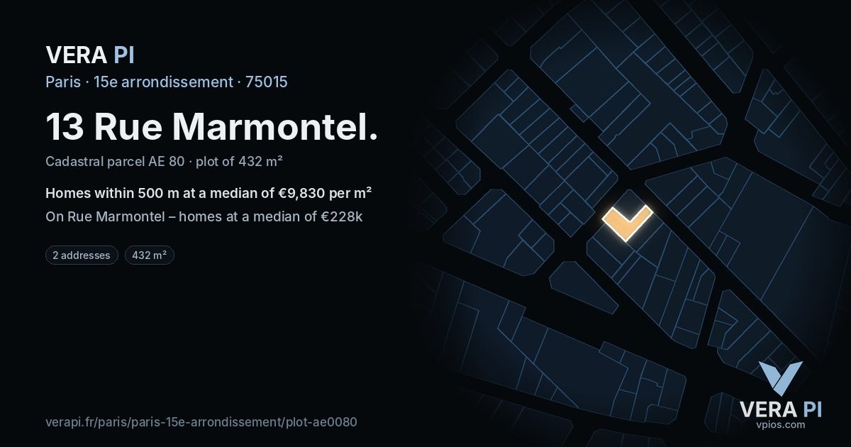 13 Rue Marmontel, 15e arrondissement at night – the plot lit, the parcels around coloured by the prices near them