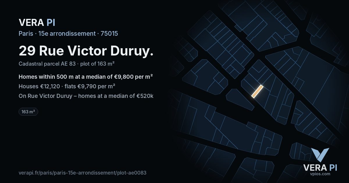 29 Rue Victor Duruy, 15e arrondissement at night – the plot lit, the parcels around coloured by the prices near them