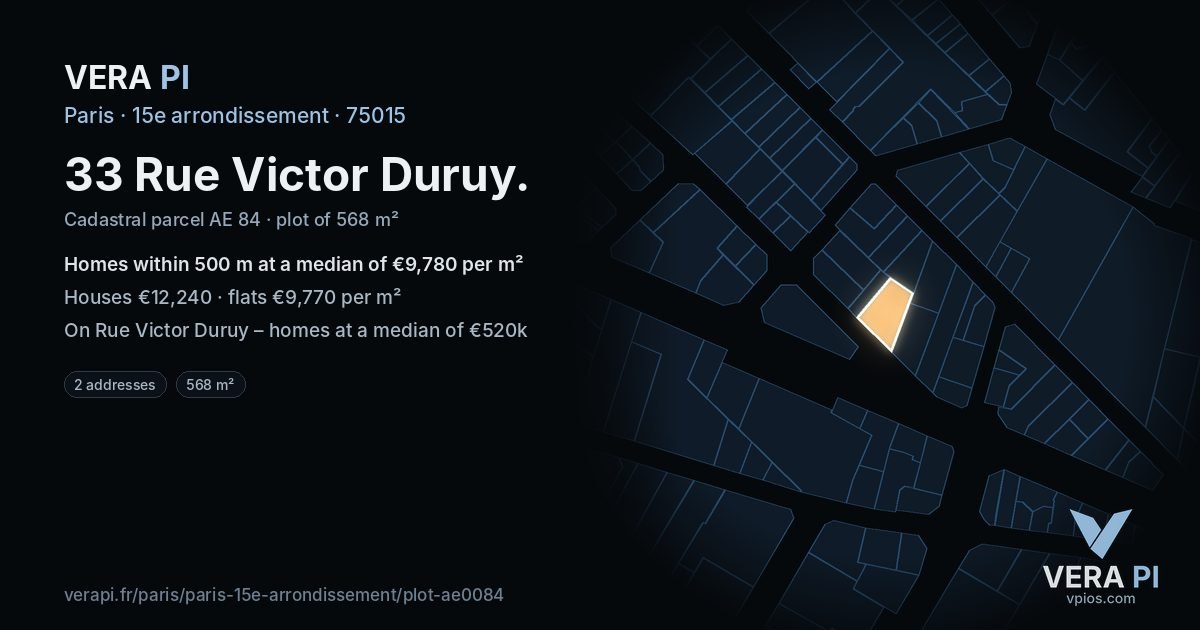 33 Rue Victor Duruy, 15e arrondissement at night – the plot lit, the parcels around coloured by the prices near them
