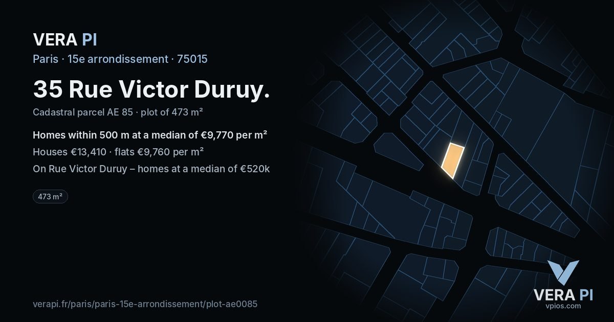 35 Rue Victor Duruy, 15e arrondissement at night – the plot lit, the parcels around coloured by the prices near them
