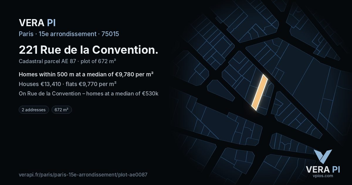 221 Rue de la Convention, 15e arrondissement at night – the plot lit, the parcels around coloured by the prices near them