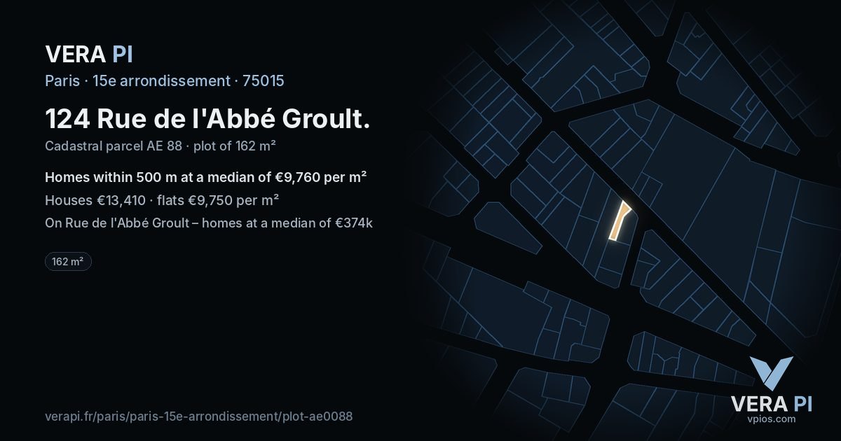124 Rue de l'Abbé Groult, 15e arrondissement at night – the plot lit, the parcels around coloured by the prices near them