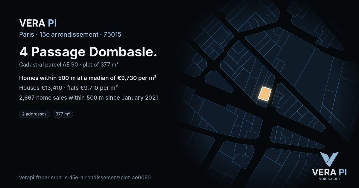 4 Passage Dombasle, 15e arrondissement at night – the plot lit, the parcels around coloured by the prices near them