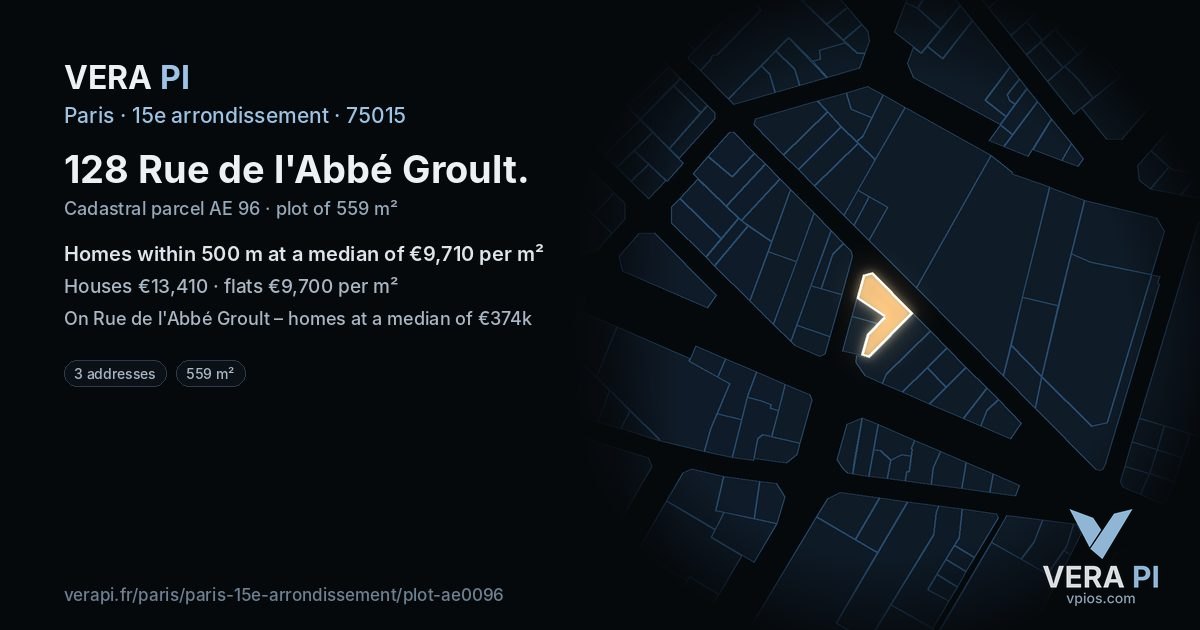 128 Rue de l'Abbé Groult, 15e arrondissement at night – the plot lit, the parcels around coloured by the prices near them