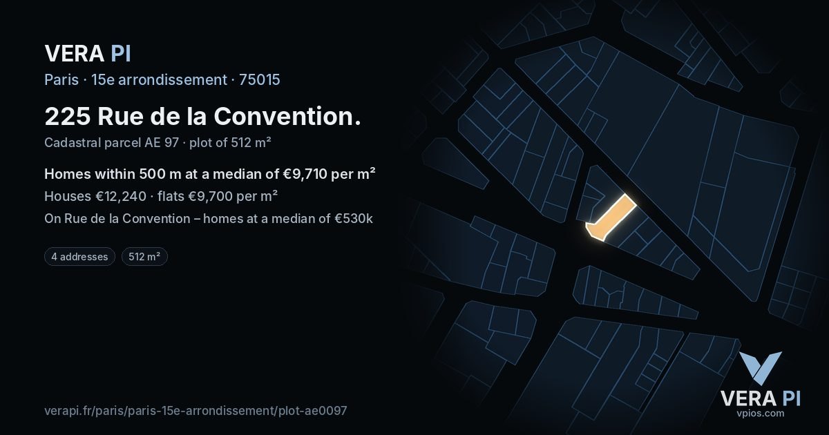 225 Rue de la Convention, 15e arrondissement at night – the plot lit, the parcels around coloured by the prices near them