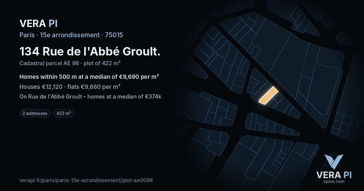 134 Rue de l'Abbé Groult, 15e arrondissement at night – the plot lit, the parcels around coloured by the prices near them