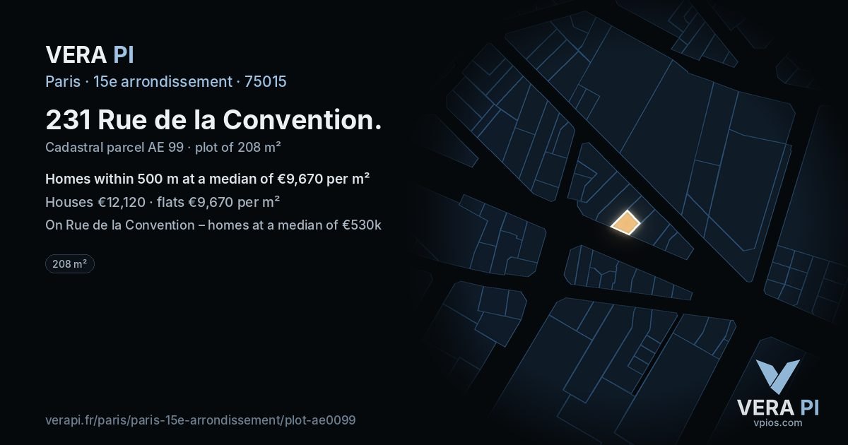 231 Rue de la Convention, 15e arrondissement at night – the plot lit, the parcels around coloured by the prices near them