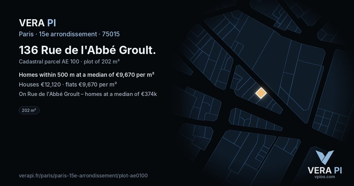 136 Rue de l'Abbé Groult, 15e arrondissement at night – the plot lit, the parcels around coloured by the prices near them