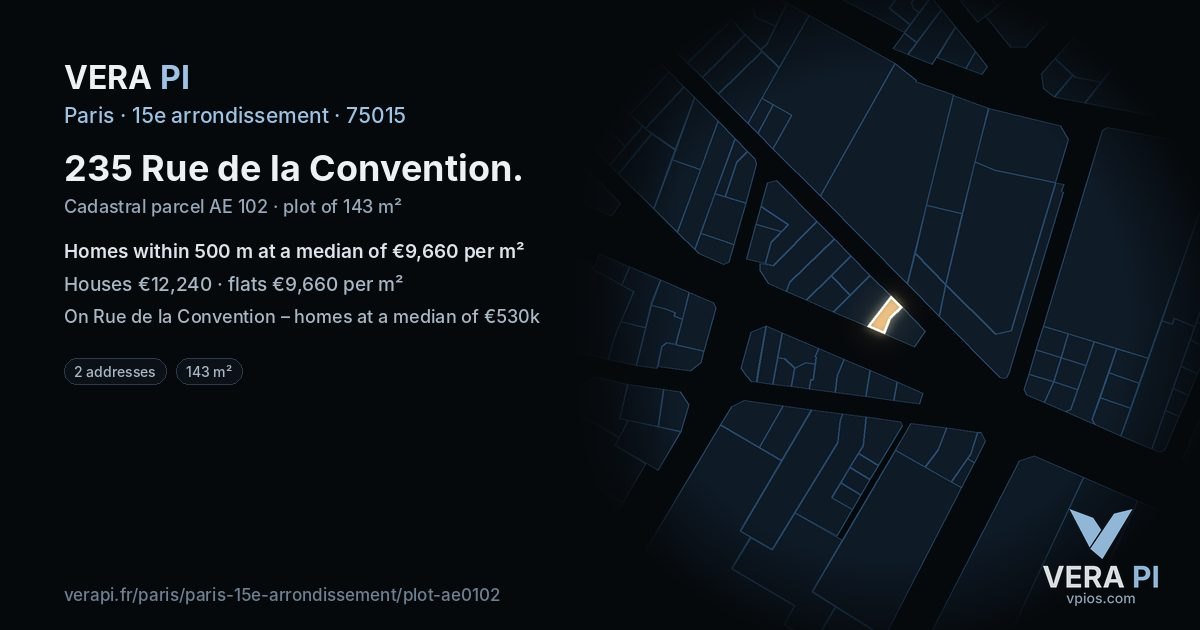 235 Rue de la Convention, 15e arrondissement at night – the plot lit, the parcels around coloured by the prices near them