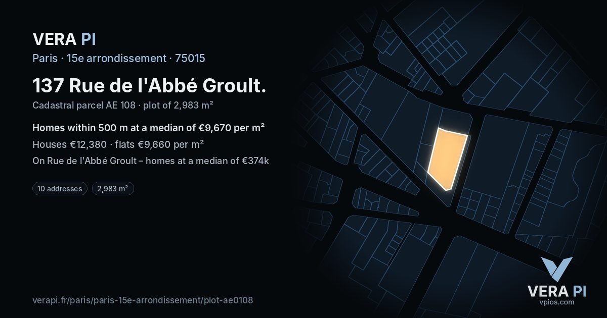 137 Rue de l'Abbé Groult, 15e arrondissement at night – the plot lit, the parcels around coloured by the prices near them