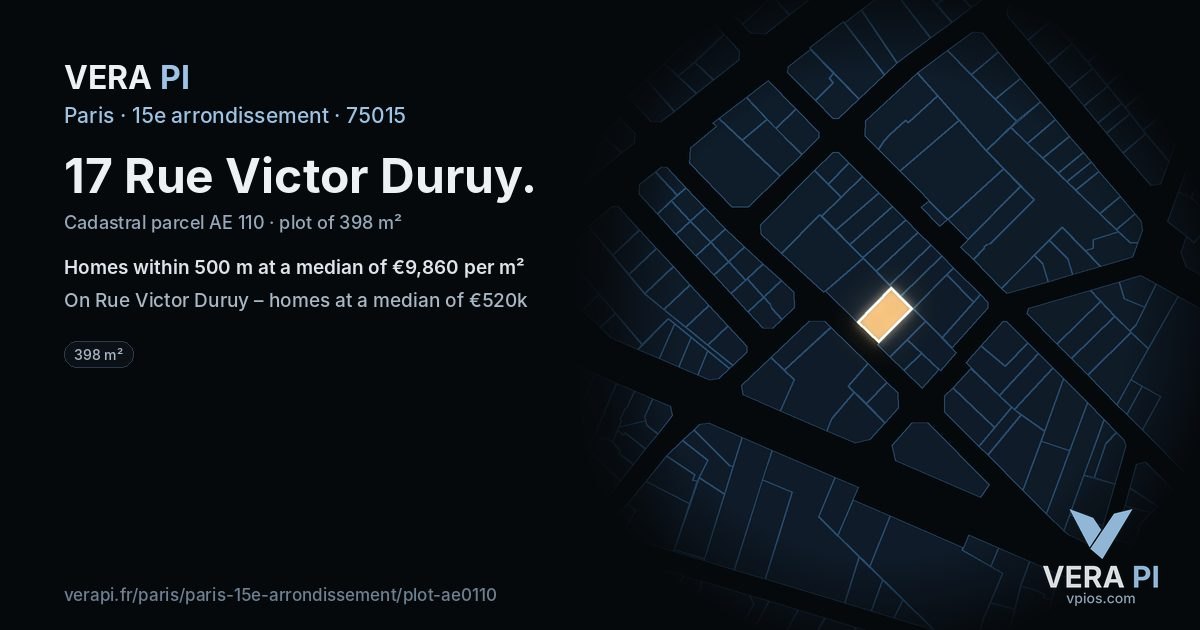 17 Rue Victor Duruy, 15e arrondissement at night – the plot lit, the parcels around coloured by the prices near them