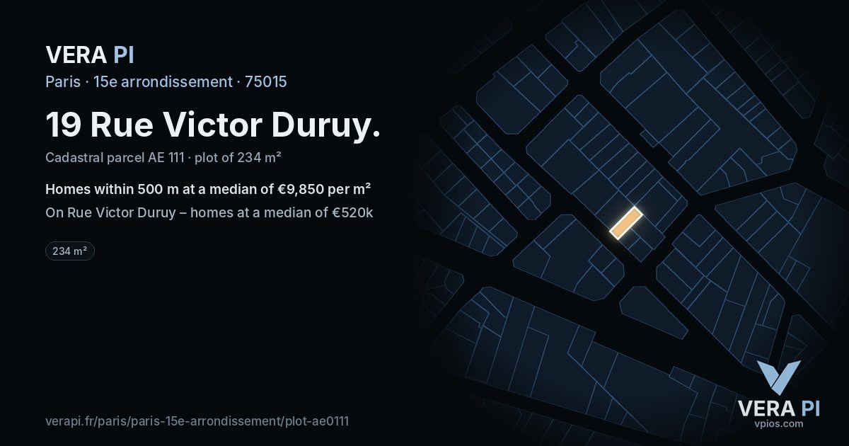 19 Rue Victor Duruy, 15e arrondissement at night – the plot lit, the parcels around coloured by the prices near them