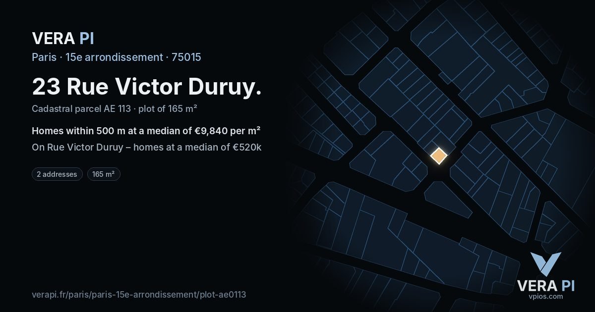 23 Rue Victor Duruy, 15e arrondissement at night – the plot lit, the parcels around coloured by the prices near them