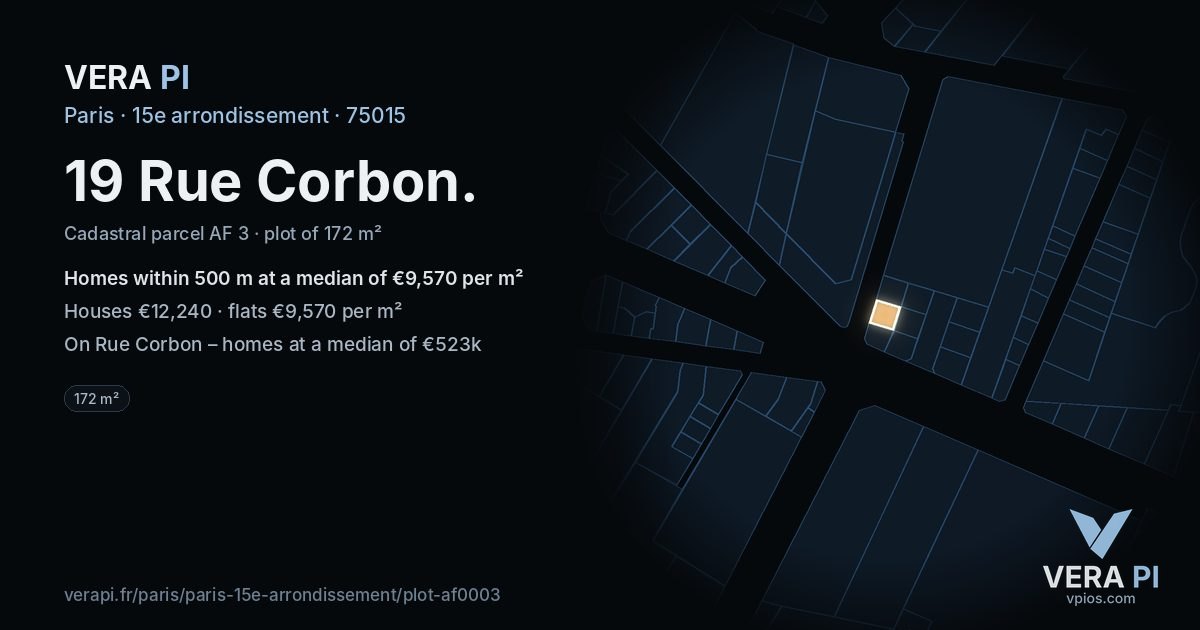 19 Rue Corbon, 15e arrondissement at night – the plot lit, the parcels around coloured by the prices near them